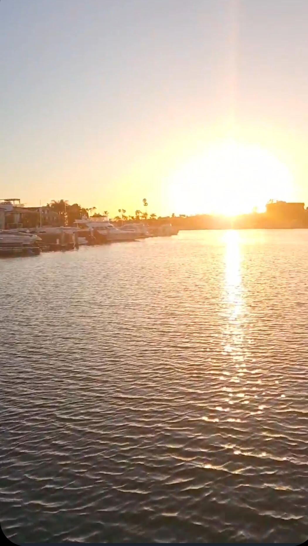 Luxury marina with waterfront homes viewed from the bow of a yacht during golden hour.